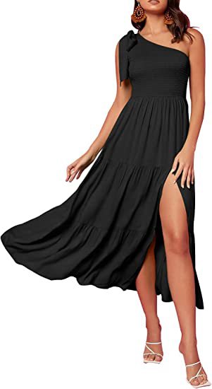 2025 New Summer Fashion Women's One-shoulder Pleated Layered Hem Split Dress